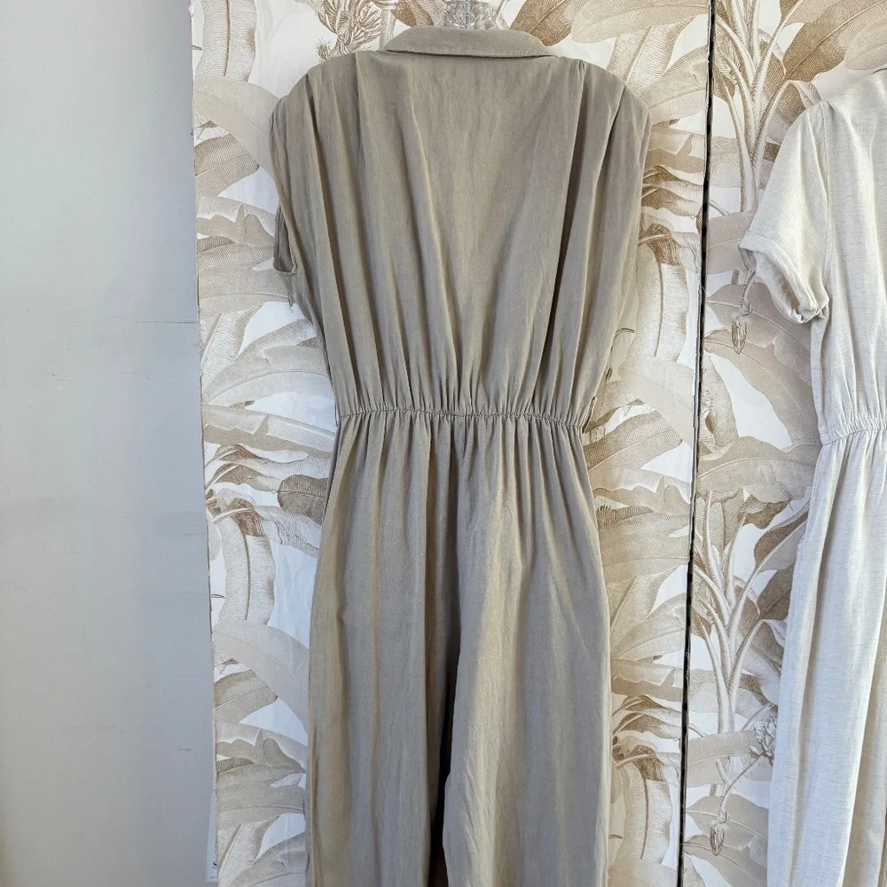 Beige Linen Blend Jumpsuit – Sleeveless Wrap Front Utility Romper